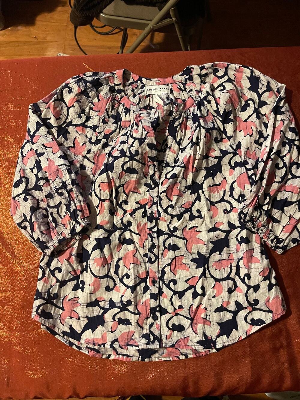 APIECE APART Blouse Womens S Floral Print Button Front 3/4 Sleeve Top Crinkled